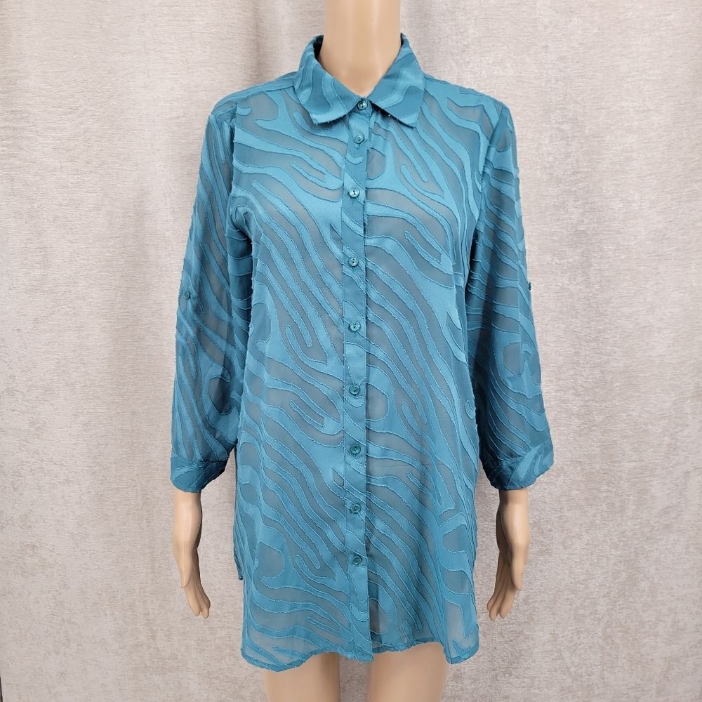 a la carte Blue Burn Out Sheer Zebra Pattern Tunic Adjustable Sleeves